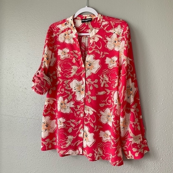 Karl Lagerfeld Blouse coral with floral print long sleeve size Large T177 - Picture 3 of 11